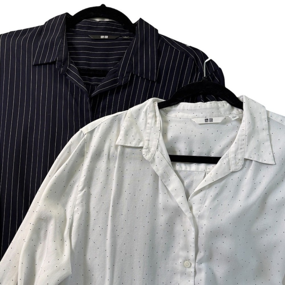 Uniqlo Button Down Shirt Bundle Navy Pinstripe White Polka Dot Rayon Lot of 2